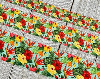 Bright Tropical Flowers and Palms Printed Grosgrain Ribbon - 5/8 "-  1" - 1.5" Wide - Sew - Crafting - Decorating - Scrapbook