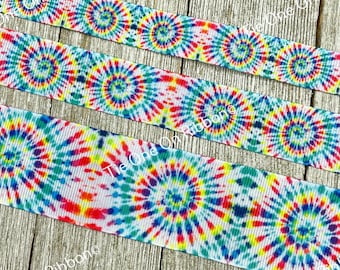 Bright Tie Dye Swirls Printed Grosgrain Ribbon - 5/8&quot; - 7/8&quot; - 1.5&quot; - Sewing - Crafting - Decorating - Bow - Cheer Bow