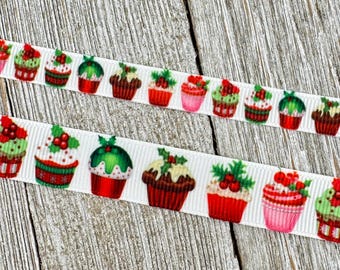Holiday Cupcake Sweet Treats Printed Narrow Grosgrain Christmas Ribbon: 3/8", 5/8", Gift Wrap, Baking Label, Craft Ribbon