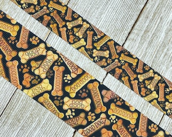 Dog Bone Shape Prints On Brown  Background Printed Grosgrain Ribbon - 7/8" - 1.5"- Sew - Craft - Bow - Collar - Leash - Bow