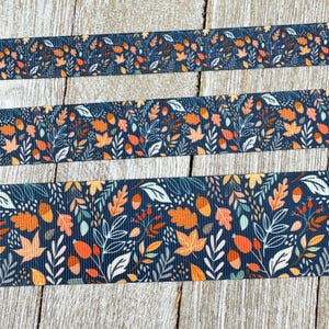 Acorns And Fall Foliage on Navy Blue Printed Grosgrain Ribbon -  5/8&quot; - 7/8&quot; - 1.5&quot;  - Sew - Craft - Bows - Printed Ribbon - Wreath - Wrap