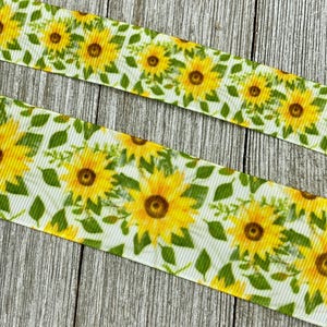 Girassóis em fita de gorgorão branca estampada - 7/8&quot; - 1,5&quot; - Costura - Artesanato - Decoração - Laços - Chaveiros - Coleiras para cães - Guirlanda - Envoltório