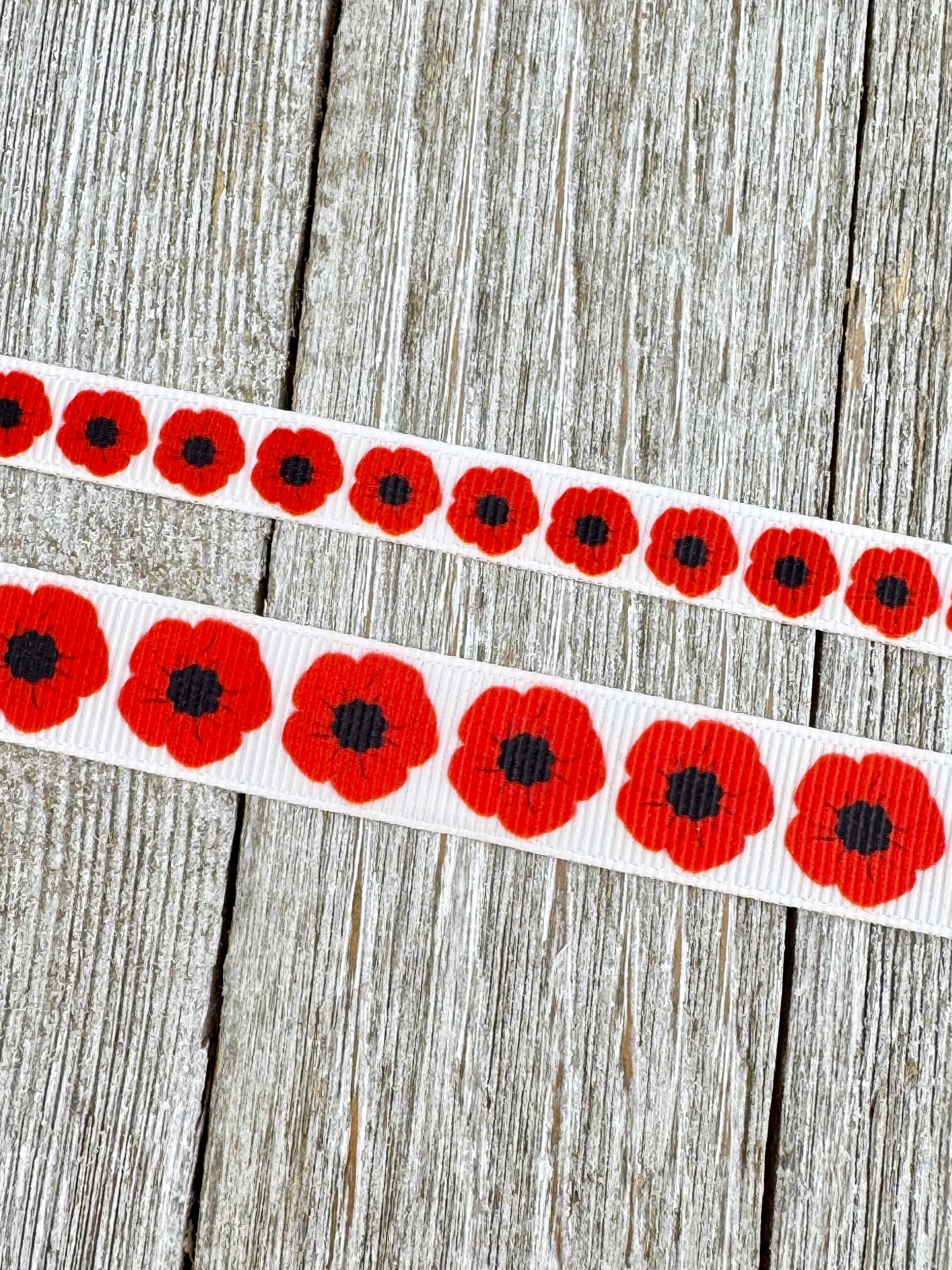 Red Poppies Remembrance Veteran Memorial on White Grosgrain