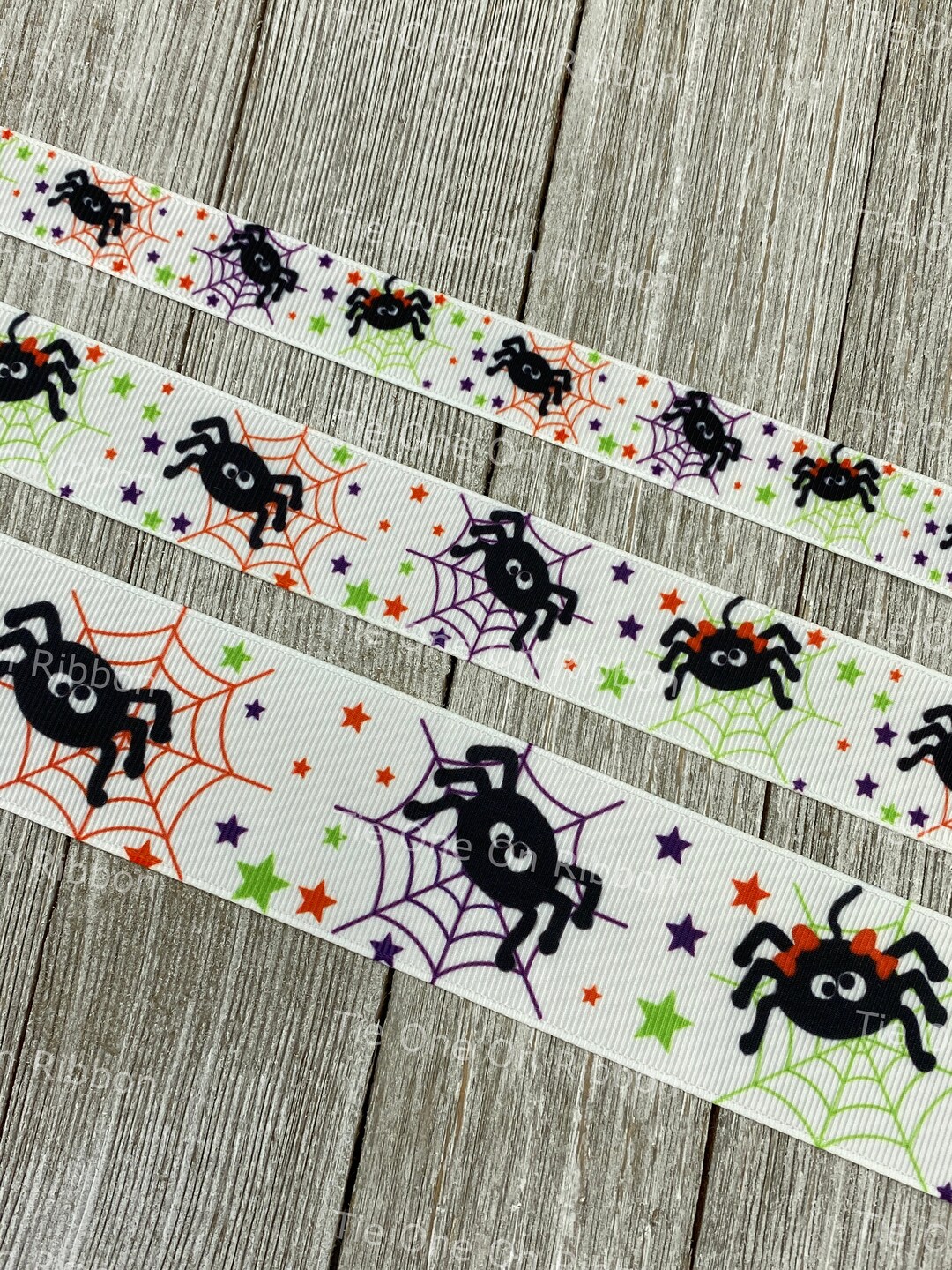 Spider Ribbon Halloween Spiders Webs on White Printed Grosgrain Ribbon - 5/8