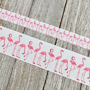 Leggy Pink Flamingos on White Ribbon - 5/8&quot; & 1.5&quot; - Sew - Craft -Luggage Tags - Gift Wrap - Lanyards - Collars - Hair Bows - Luggage Tags