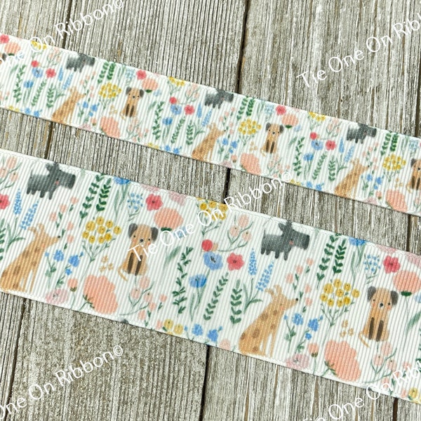 Pastel Dog, Puppies and Flowers Printed Ribbon On White Grosgrain -  7/8" - 1.5" - Sew - Crafting - Decorating - Scrapbooking - Bow - Collar