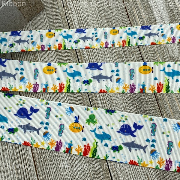 Yellow Submarine Ocean Print Grosgrain Ribbon -  5/8 - 1 - 1.5 Inch - Sewing - Crafting - Decor - Bow - Collar - Trim