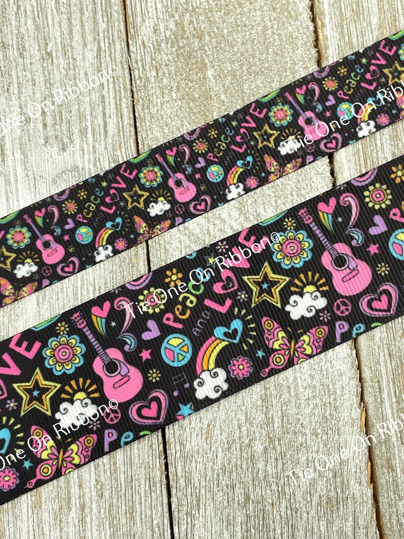 Sale! 3 & 5 Yard Peace Love Guitars Flowers Rainbows Printed Grosgrain Ribbon: 7/8" - 1.5" - Craft - Bow - Scrapbook - Gift Wrap - Scrapbook image 3