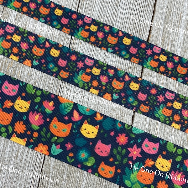 Bright Cats Kittens & Flowers  On Darkest Blue Printed Grosgrain Ribbon -  5/8" -  7/8" - 1.5" Sew - Craft - Bow - Collar - Tag - Gift Wrap