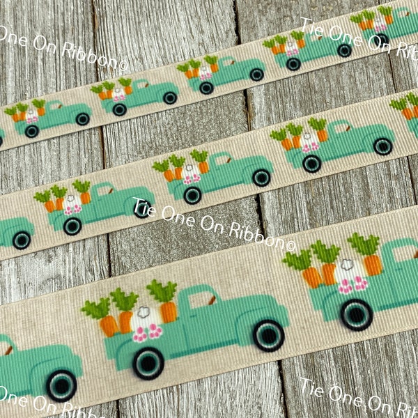 Old Blue Truck Bunny Butt Carrot Printed Grosgrain Ribbon - 5/8 - 7/8 - 1.5 Inch - Sew - Craft - Scrapbooking - Bow - Easter Basket