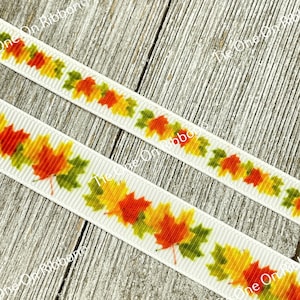 Fall Autumn Leaves Printed on White Grosgrain Ribbon -  3/8&quot; - 5/8&quot; - Sew - Craft - Bow - Decor - Gift Wrap - Hair Ribbon - Hair Bow