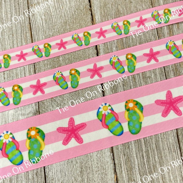 Flip Flops Starfish Pink Stripes Printed Grosgrain Ribbon - 5/8" - 7/8" - 1.5" - Sew - Craft - Printed Ribbon - Hair Bow - Collar - Fob