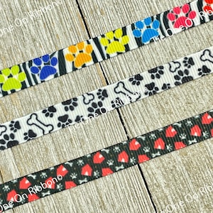 3/8&quot; - Choice of Dog Paws , Dog Bones or Dog Houses Printed On White Grosgrain Ribbon - 3/8&quot; - Sew - Craft  - Bow - Streamers - Tag - Wrap