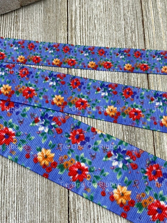 SALE 5 Yards Bright Flowers on Denim Background Grosgrain Ribbon 5/8 1 1.5  Sew Craft Decorating Hair Bow Key Fob -  Canada