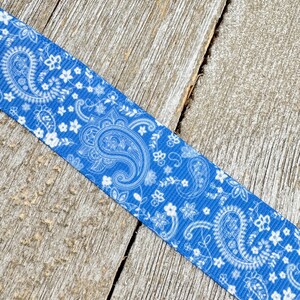 Weißes Paisley-Blumenmuster auf himmelblauem Hintergrund Ripsband - 2,5 cm - Nähen - Basteln - Kranz - Haarschleifen - Zierteil - Gepäckanhänger - Wickeln