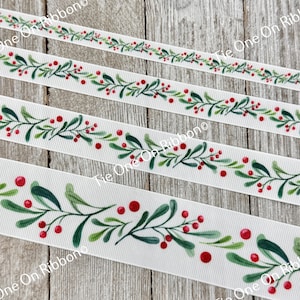 Fita de gorgorão estampada com folhas e folhagens de azevinho e folhagens para o feriado de inverno - 3/8" - 5/8" - 7/8" - 1,5" - Costura - Artesanato - Enfeite - Embrulho para presente - Etiqueta