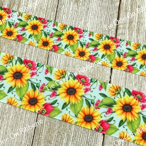 Sunflowers & Pink Blooms on Sky Blue Printed Grosgrain Ribbon -7/8&quot;- 1&quot; - 1.5&quot;  - Sewing - Craft - Decor - Bows - Key Fobs - Dog Collars