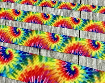 Ruban gros-grain imprimé tie-dye aux couleurs vives - 9,5 mm - 15,9 mm - 22,2 mm - 38 mm - Loisirs créatifs - Décoration - Nœud - Porte-clés - Fête - Emballage cadeau