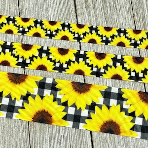 Large Vivid Sunflowers on Black Check Grid Printed Grosgrain Ribbon - 5/8&quot; - 7/8&quot; - 1.5&quot; - Sewing - Crafting - Decor - Bow - Shower