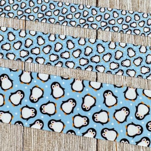 Cute Penguins On Blue Background Printed Grosgrain Ribbon - 5/8&quot; -  7/8&quot; - 1.5&quot; - Sew- Craft- Decor - Party - Bow - Gift Wrap - Luggage Tag