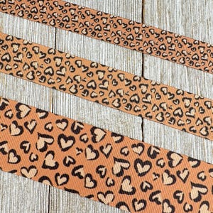 Heart Shaped Leopard Spots Printed Grosgrain Ribbon -  5/8&quot; - 7/8&quot; - 1&quot;  - 1.5&quot;- Sew - Craft - Collar - Cheer Bow - Luggage Tag - Gift Wrap
