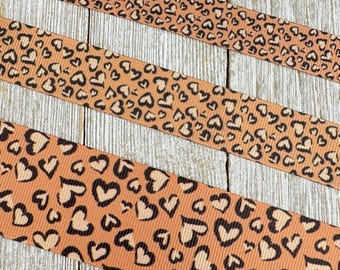 Heart Shaped Leopard Spots Printed Grosgrain Ribbon -  5/8&quot; - 7/8&quot; - 1&quot;  - 1.5&quot;- Sew - Craft - Collar - Cheer Bow - Luggage Tag - Gift Wrap