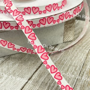3/8&quot;  Pink Hearts On White Grosgrain Ribbon - Sew - Craft - Decor - Party Favor - Gift Wrap - Tag - Valentine&#39;s Day Cards - Gift Bag