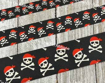 Pirate Skull and Cross Bones on Black Printed Ribbon 5/8 7/8 1.5 Craft  Party Decor Costume Biker Jolly Roger Pirate Flag 