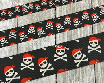 Pirate Skull And Cross Bones On Black Printed Ribbon  5/8" - 7/8" - 1.5" - Craft - Party Decor - Costume - Biker - Jolly Roger - Pirate Flag