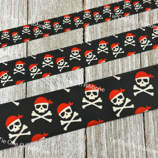 Pirate Skull And Cross Bones On Black Printed Ribbon  5/8" - 7/8" - 1.5" - Craft - Party Decor - Costume - Biker - Jolly Roger - Pirate Flag