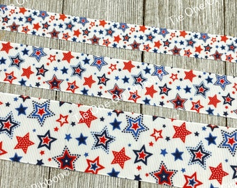 Red and Blue Stars On White Grosgrain Ribbon - 5/8"  - 1" - 1.5"  - Craft - Wreath - Bow - July 4 - Party Decor - Parade Decoration - Tag