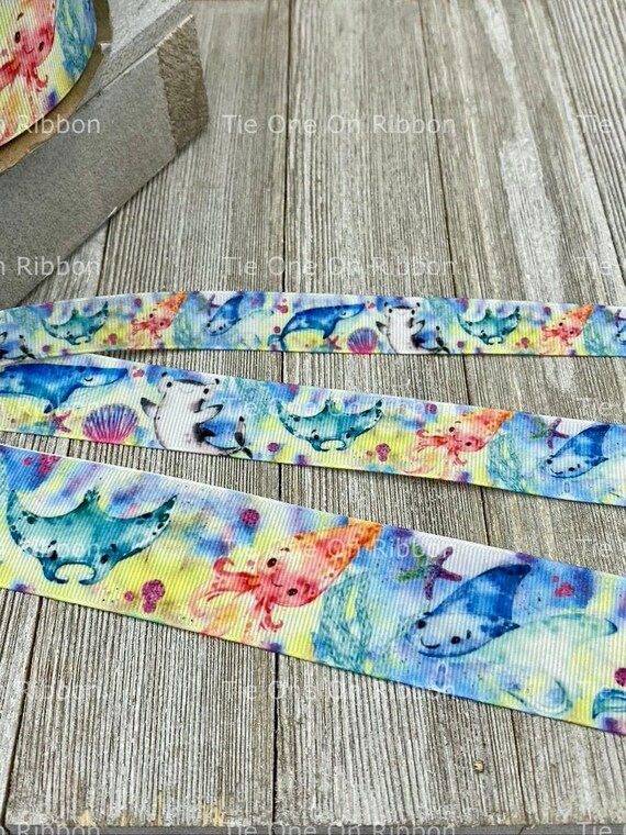 Sea Life Ocean Print Shark Stingray Squid Grosgrain Ribbon | Etsy