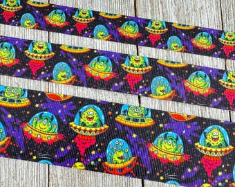 Schattige groene alien in vliegende schotel print grosgrain lint - 5/8" - 7/8" - 1,5" - ambachtelijk - verjaardagslint - strik - cadeaupapier - bagagelabel