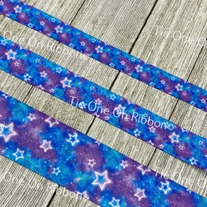 Colorful Stars on Blue and Purple Printed Grosgrain Ribbon -  5/8&quot; - 7/8&quot; - 1.5&quot; - Award - Sewing - Crafting - Decor - Cheer Bow