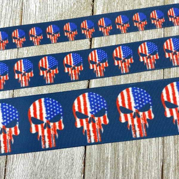 USA Flag Patriotic Skulls On Navy Background Printed Ribbon  5/8" - 7/8" - 1.5" - Dog Collar - Biker Babe - Motorcycle Ribbon - Skull Ribbon