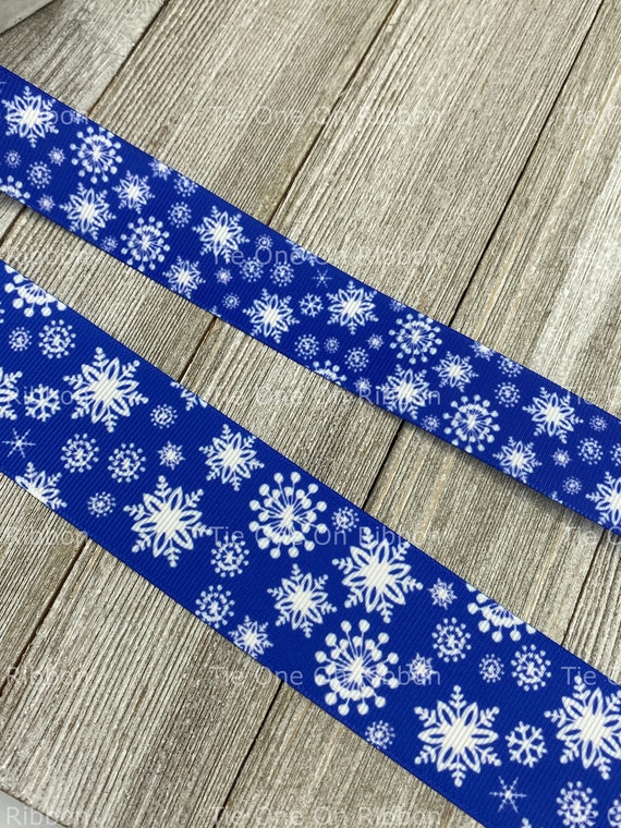 Bright Blue and White Winter Snowflakes Printed Grosgrain Ribbon 1 1.5 Inch  Sewing Crafting Decor Gift Wrap Bow Party 