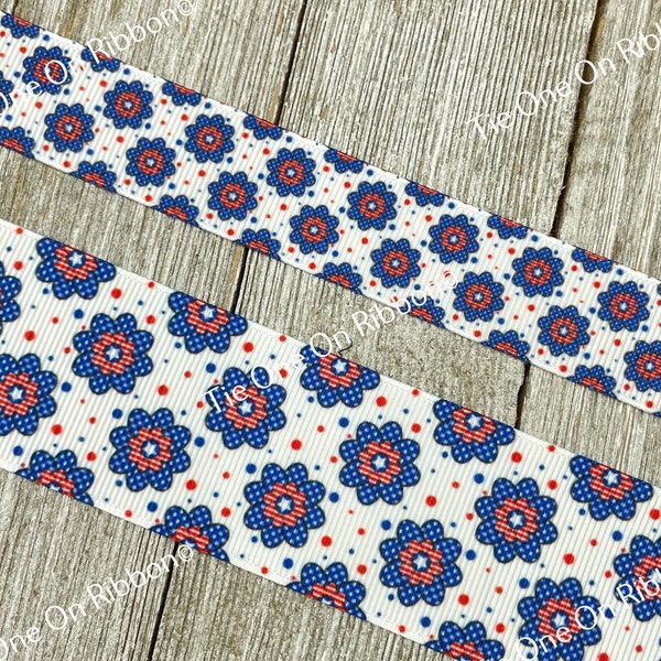 Patriotic Detailed Flowers and Dots Printed on White Grosgrain Ribbon - 7/8" - 1.5" - USA - Sew - Craft - Decor - Parade - Election Campaign