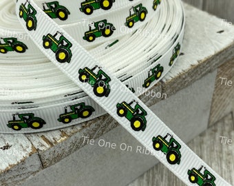 3/8" Green Tractor Farm Printed Grosgrain Ribbon - Sew - Craft - Decorating - Gift Wrap - Party Favor - Hair Ribbon - Party Ribbon - Tag