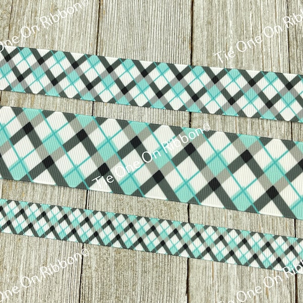 Blue Aqua Teal and Black Plaid Print Grosgrain Ribbon - 5/8" - 7/8" - 1" - 1.5" - Sew - Craft - Decor - Collars - Lanyards