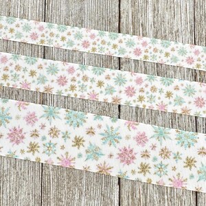 Pastel Winter Snowflakes Printed Grosgrain Christmas Ribbon: 5/8", 7/8", 1.5" - Winter Princess, Gift Wrap, Hair Bow, Dog Collar image 3