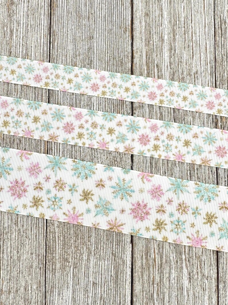 Pastel Winter Snowflakes Printed Grosgrain Christmas Ribbon: 5/8", 7/8", 1.5" - Winter Princess, Gift Wrap, Hair Bow, Dog Collar image 3