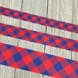 Red and Navy Blue Checkered Plaid Printed Grosgrain Ribbon -  5/8" - 7/8" - 1.5" - Sew - Craft - Bow - Decor - Gift Wrap -Printed Ribbon