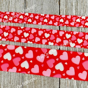 Red With Pink Hearts Printed Grosgrain Ribbon - 5/8 - 7/8 - 1&quot; - 1.5 Inch - Sew - Craft - Decorating - Hair Bow - Party Decor - Hair Ribbon