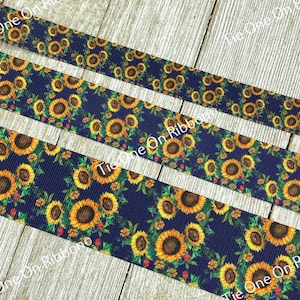 Girassóis dourados em fita de gorgorão estampada azul-marinho - 5/8&quot; - 1&quot; - 1,5&quot; - Costura - Artesanato - Decoração - Envoltório - Laço de cabelo - Fita de cabelo - Guirlanda - Acabamento