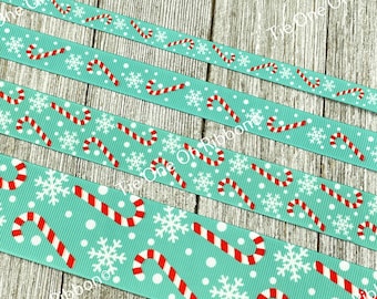 Christmas Candy Canes & Snowflakes on Aqua Blue Printed Grosgrain Ribbon - 3/8" - 5/8" - 7/8" - 1.5" -  Sew - Craft - Decor - Wrap - Tags