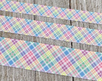 Cinta de grogrén con estampado de cuadros diagonales en azul pastel, amarillo y morado: 1,6 cm, 2,2 cm y 3,8 cm. Lazo para el pelo. Artículos de costura. Baby Shower. Papel de regalo.