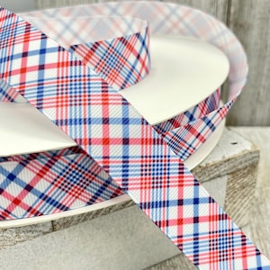 Patriotic Red And Blue Plaid Printed Grosgrain Ribbon - 7/8" -  Sewing - Crafts - Decorating -  Scrapbook - Bows - Election - July 4