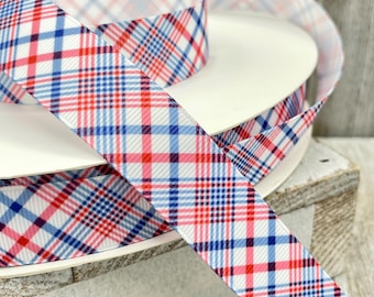 Patriotic Red And Blue Plaid Printed Grosgrain Ribbon - 7/8" -  Sewing - Crafts - Decorating -  Scrapbook - Bows - Election - July 4