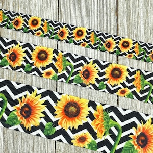 SALE! 5 Yards Yellow Sunflowers on Black Chevron Stripes Printed Grosgrain Ribbon - 5/8 - 1 - 1.5 In. - Sew - Craft - Decor - Bow - Wreath