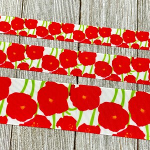 Painted Red Poppies & Stems  Grosgrain Printed Ribbon: 5/8", 7/8", 1.5", Memorial,  Wreath, Bow, Tag